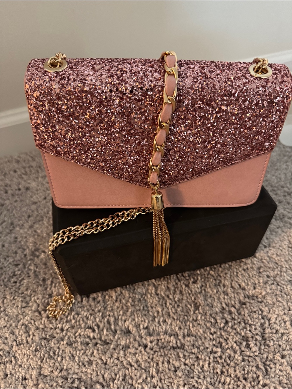 Sparkle Pink Chain Shoulder Bag with Tassel